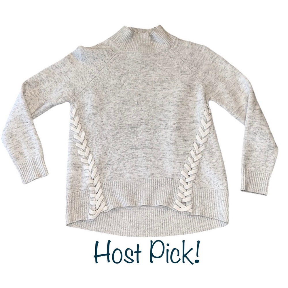 Rebecca Taylor Gray & White Laced Cashmere Blend Mock Neck Crop Sweater - S